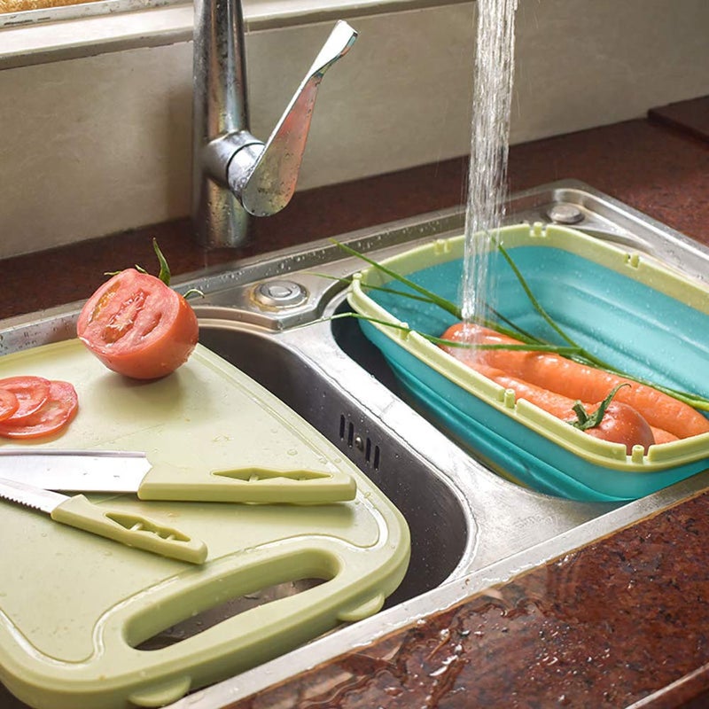 Gintan Camping Cutting Board  9-in-1 Collapsible Chopping Board with Colander  Gifts for Campers Happy Camper Camping Accessories for RV Campers(Blue Green) - Image 3